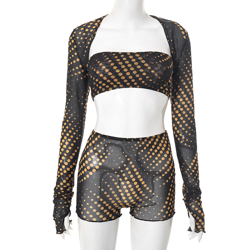 Women spring/summer fingerless strapless patchwork polka dot mesh crop top and shorts set 6