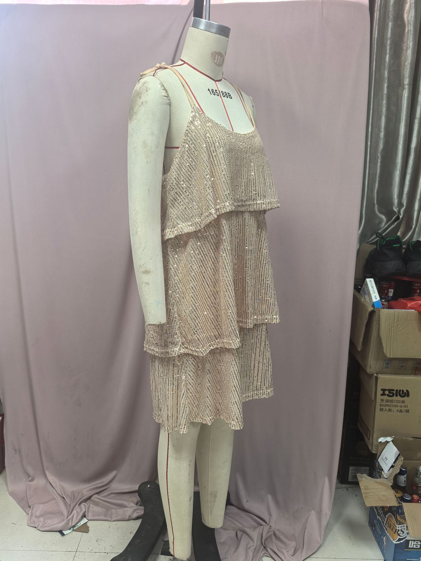 Women Sequin Sleeveless Suspender Party Cascading Ruffles Dress 8