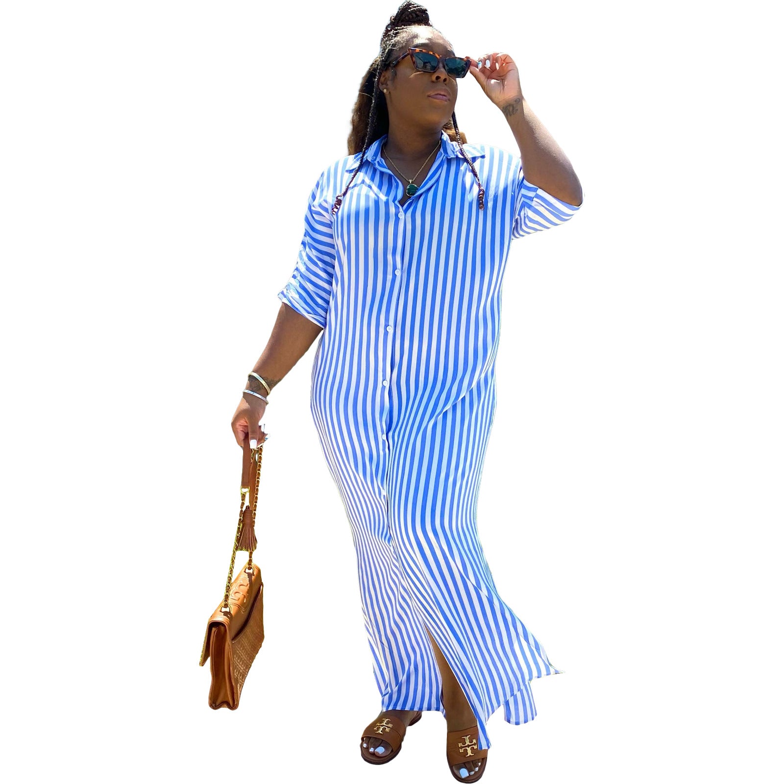 Womens Striped Shirt Long Casual Dress 6