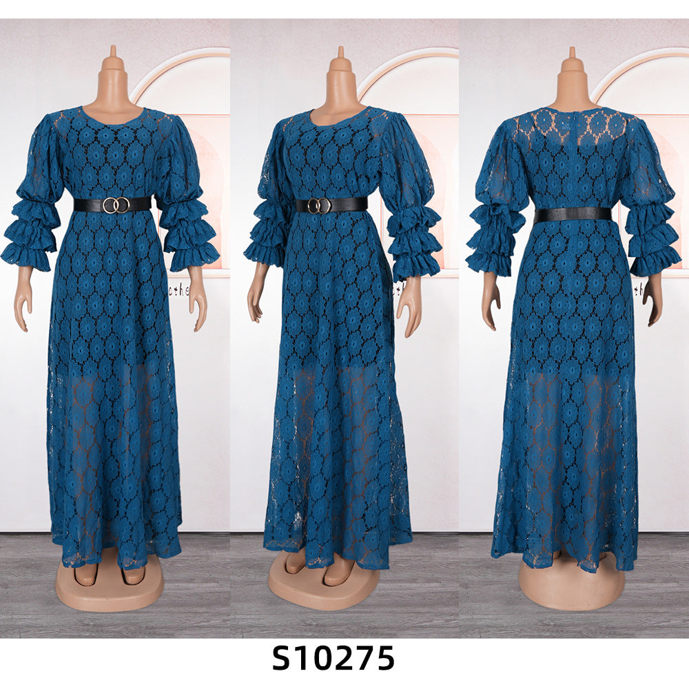 Plus Size Women African Round Neck Lace Dress 14