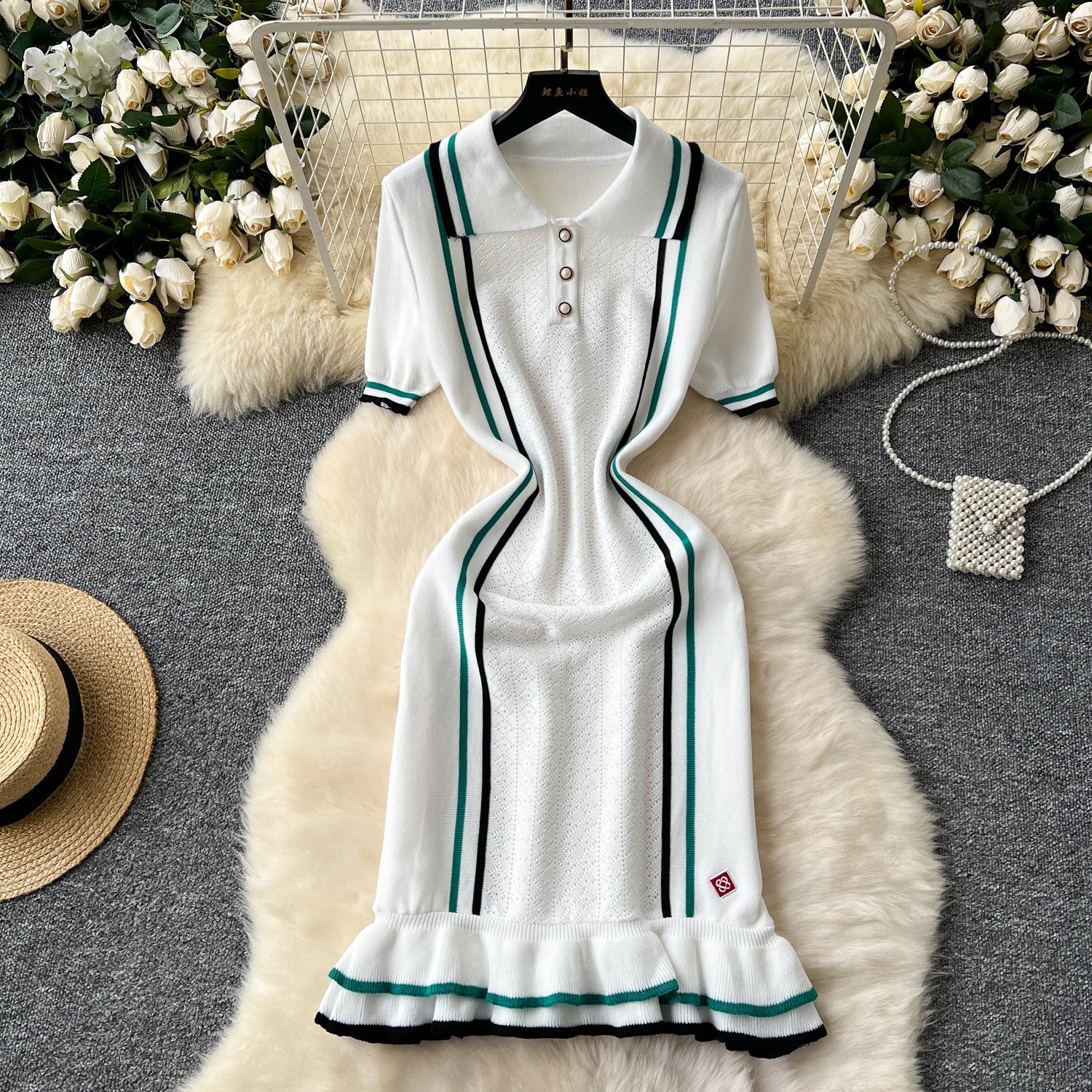 Women's Turndown Collar Contrast Slim Waist Slim Fit Ruffles Knitting Dress 7