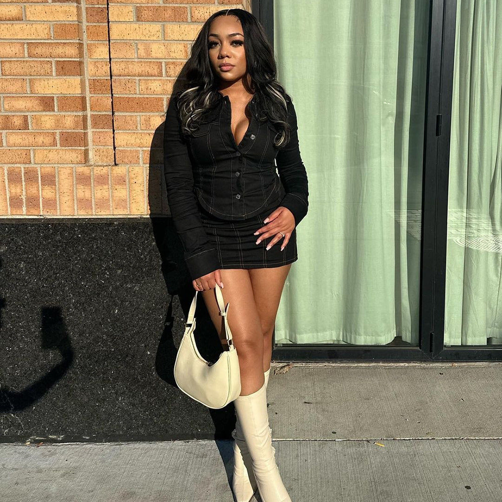 Spring Autumn Solid Color Long Sleeve Two Piece Skirt Set Casual Women's Clothing 6