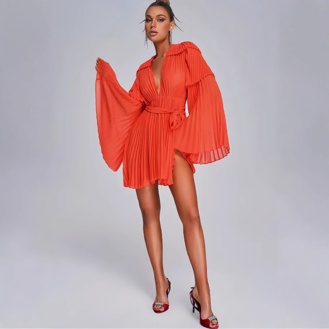 Women's Spring Solid Color Deep V-Neck Bell Sleeve Pleated Lace-Up Short Dress 3