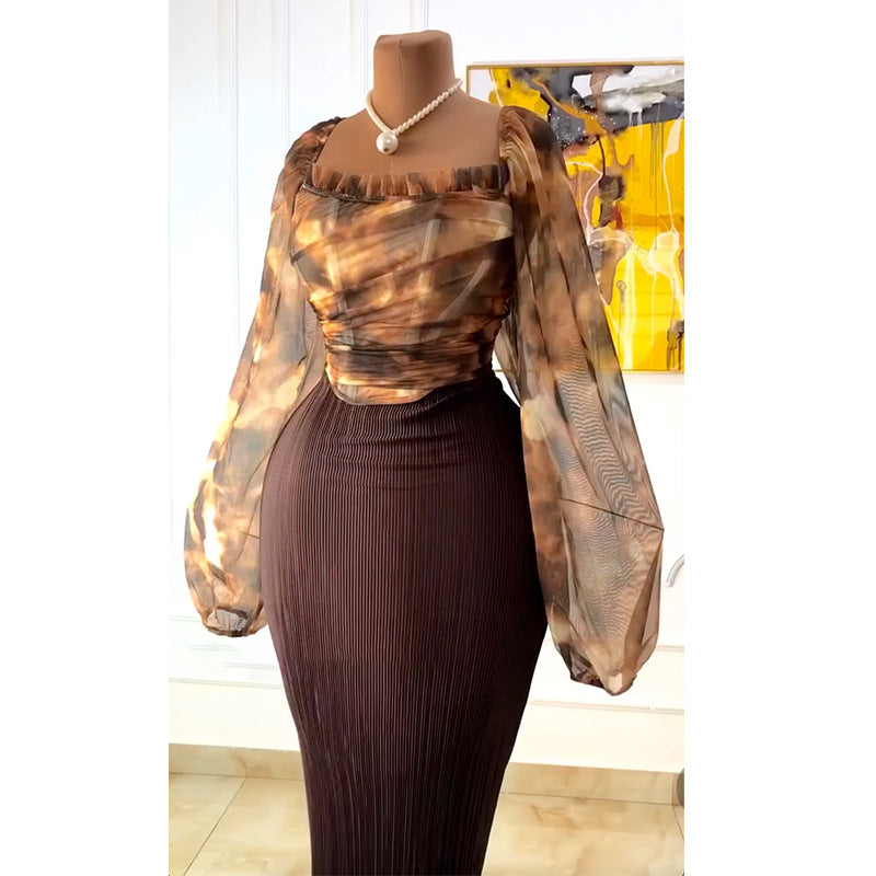 Women Spring Elegant Square Neck Lantern Sleeve Shirt Skirt Two Piece Set 3