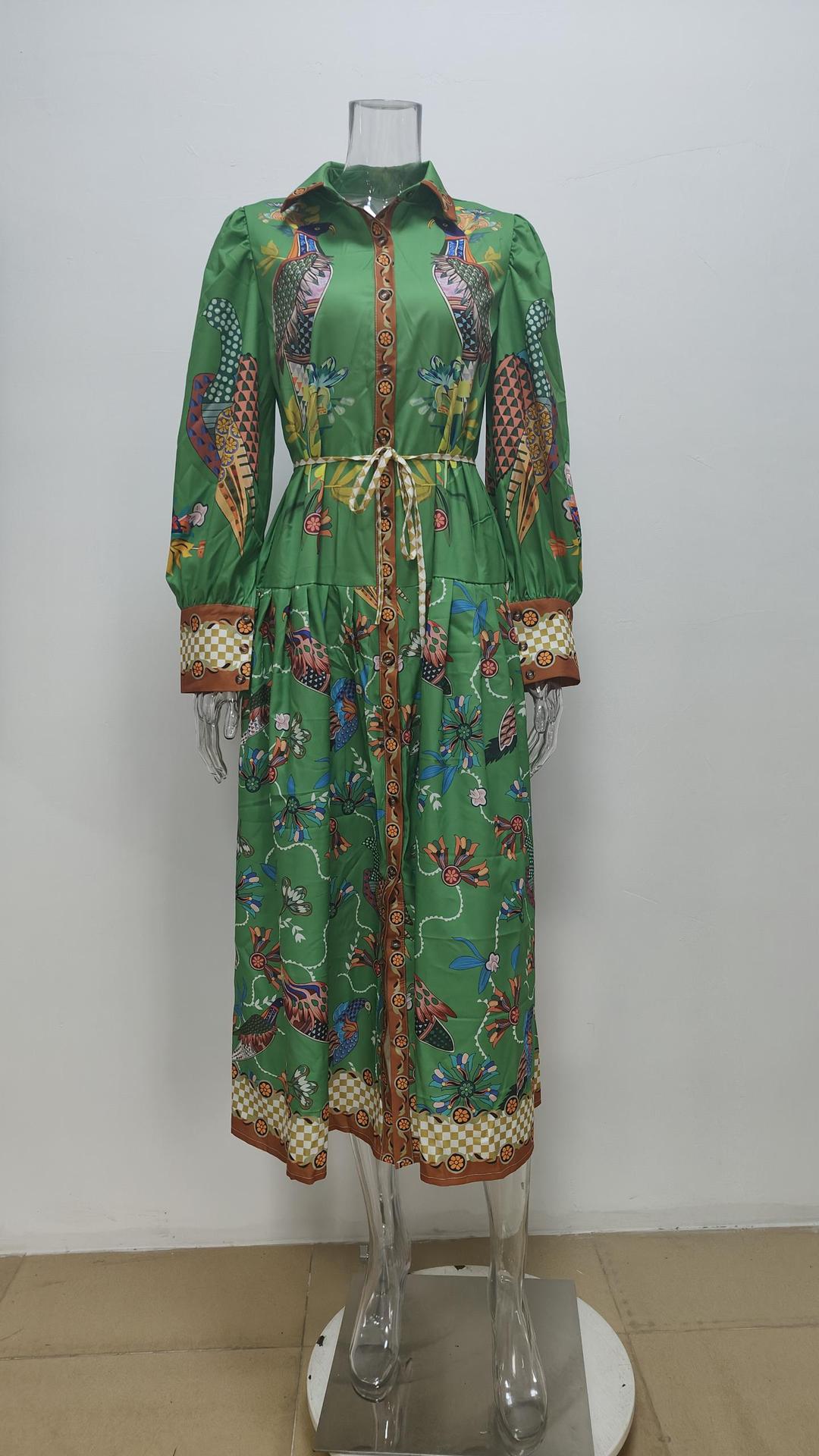 Women Chic Balloon Sleeve Turndown Collar Long Sleeve Dress 45