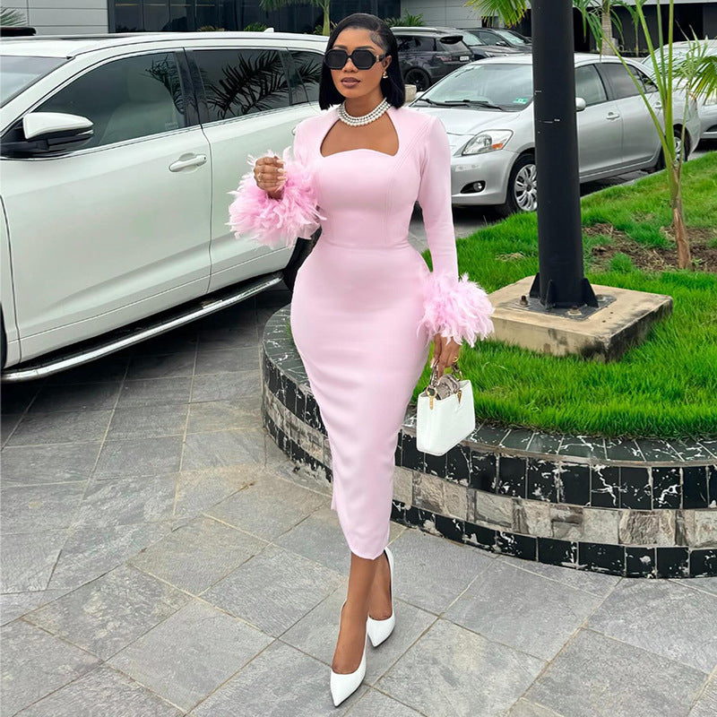 Women's autumn square neck feather long sleeve  high waist Slim midi dress 3