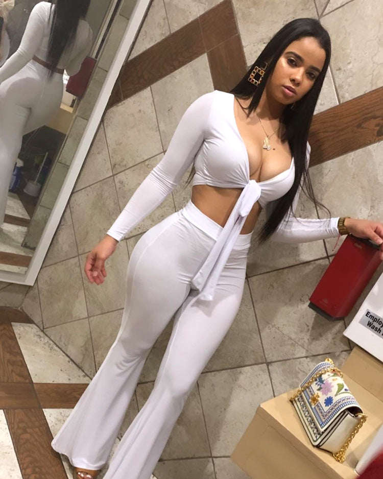 Sexy Elastic Casual Bell Bottom Trousers Low-Cut lace-up top set 5