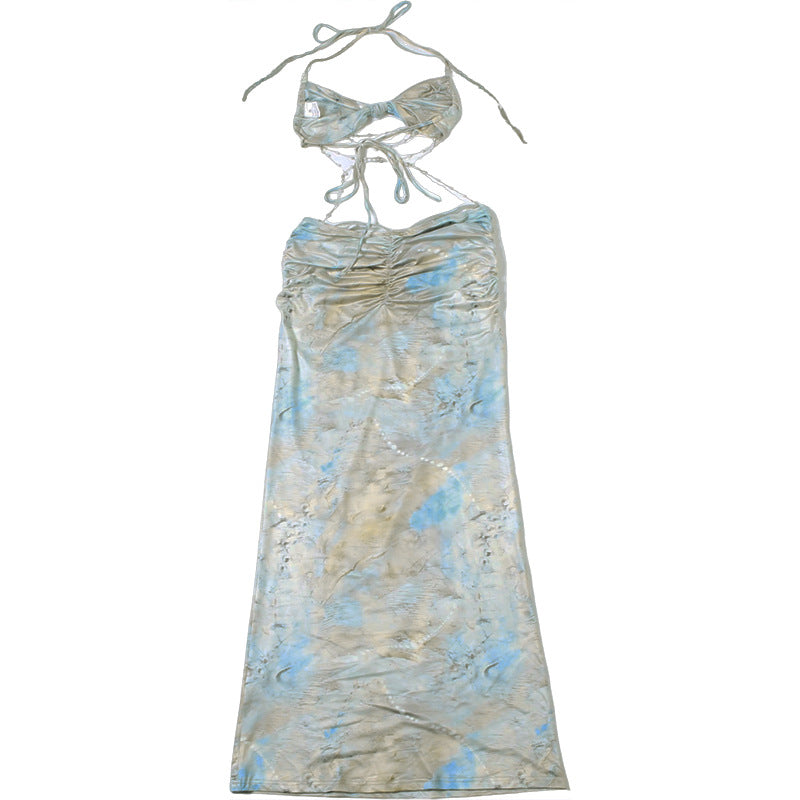 Women's Spring Halter Neck Tie Beaded Chain Slim Low Back Sexy Dress 15