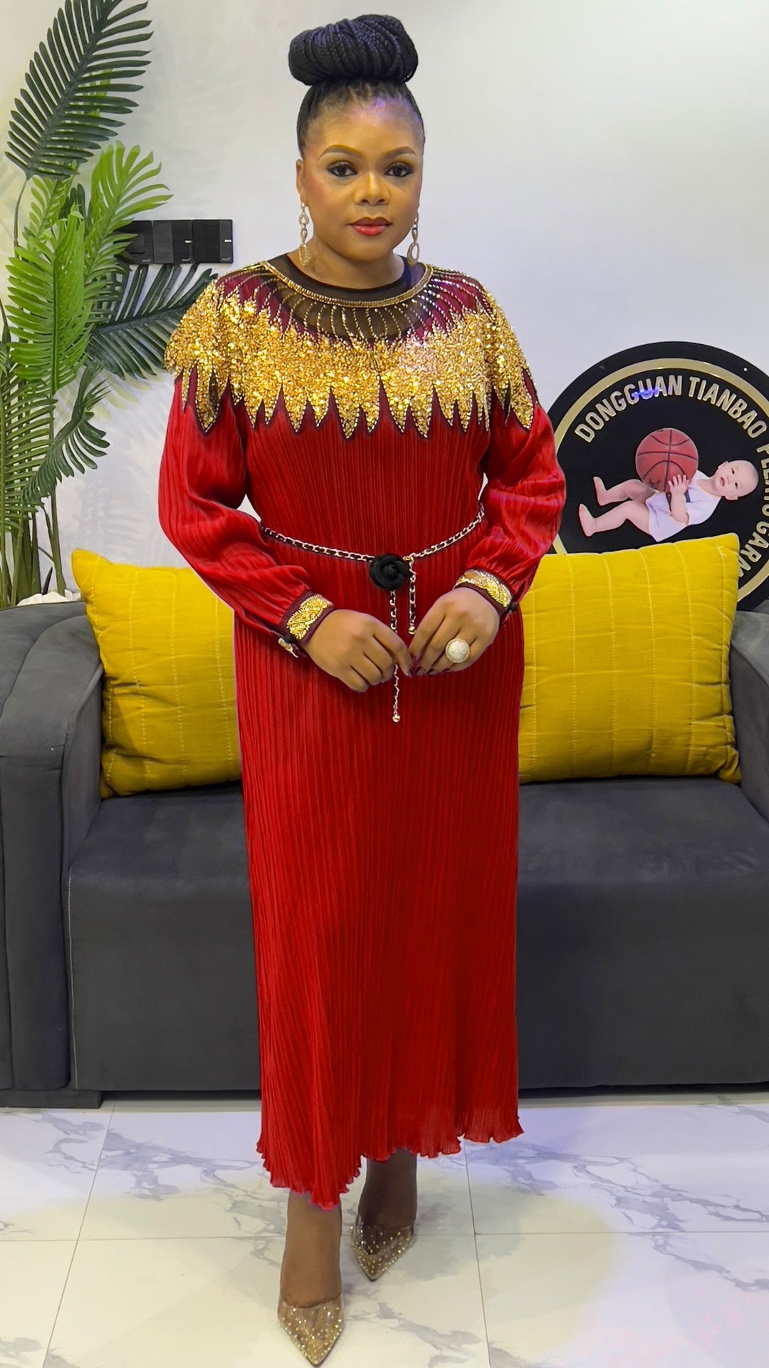 Luxury Sequin Cape Patch Slim Waist Pleated Loose Long Dress 8