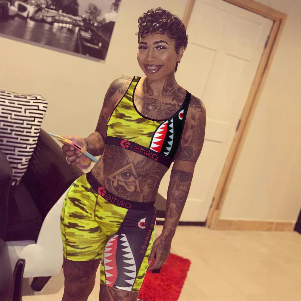 Cartoon Print Casual Camouflage Tank Biker Shorts Two-Piece Set 7