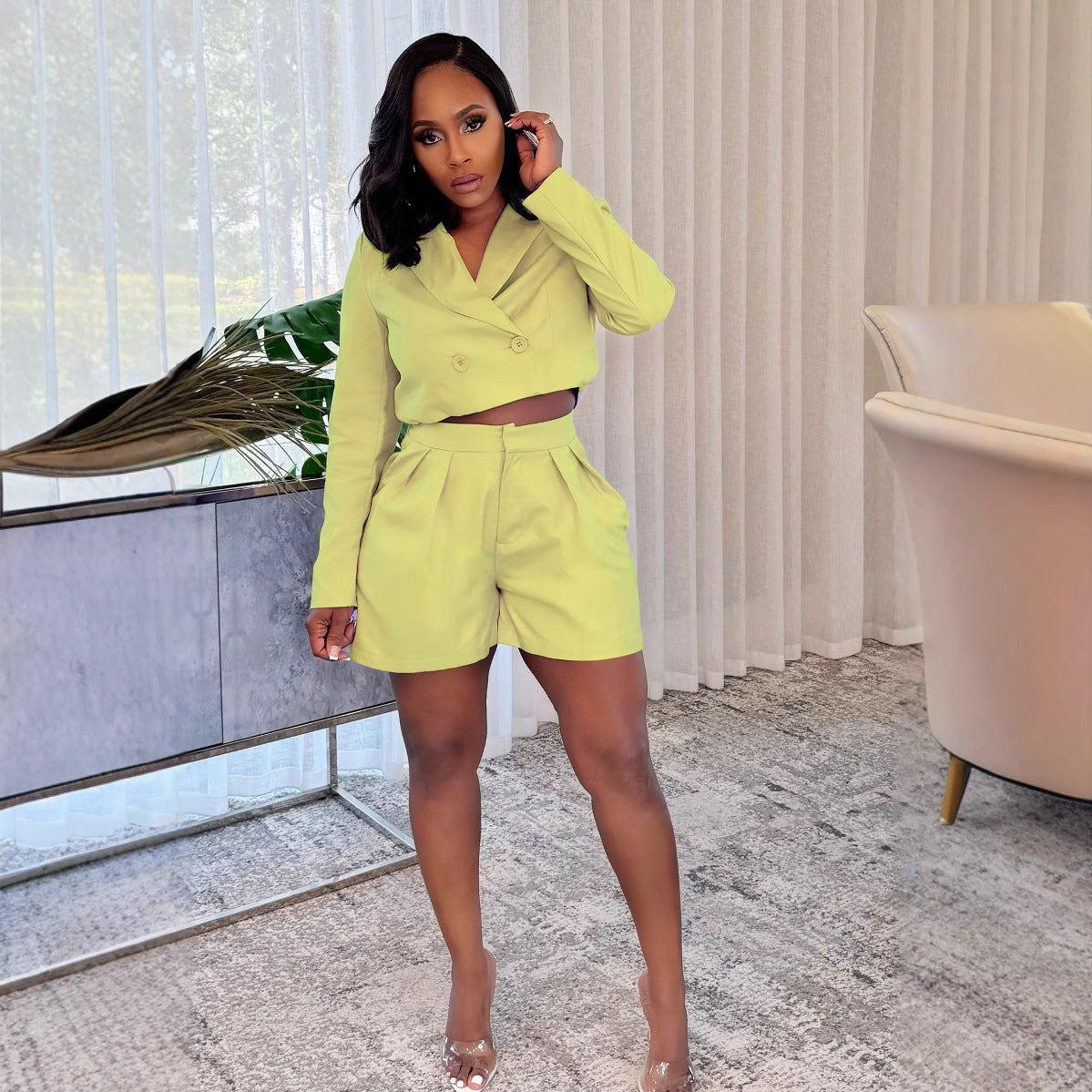 Women elegant Career Turndown Collar Long Sleeve Blazer and Shorts Two-piece Set 6