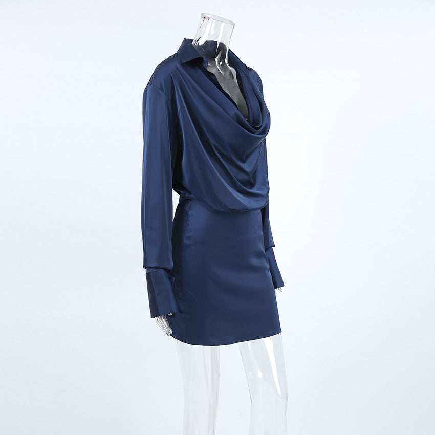 Women Autumn and Winter Elegant Blue Satin Irregular Long Sleeve Dress 10