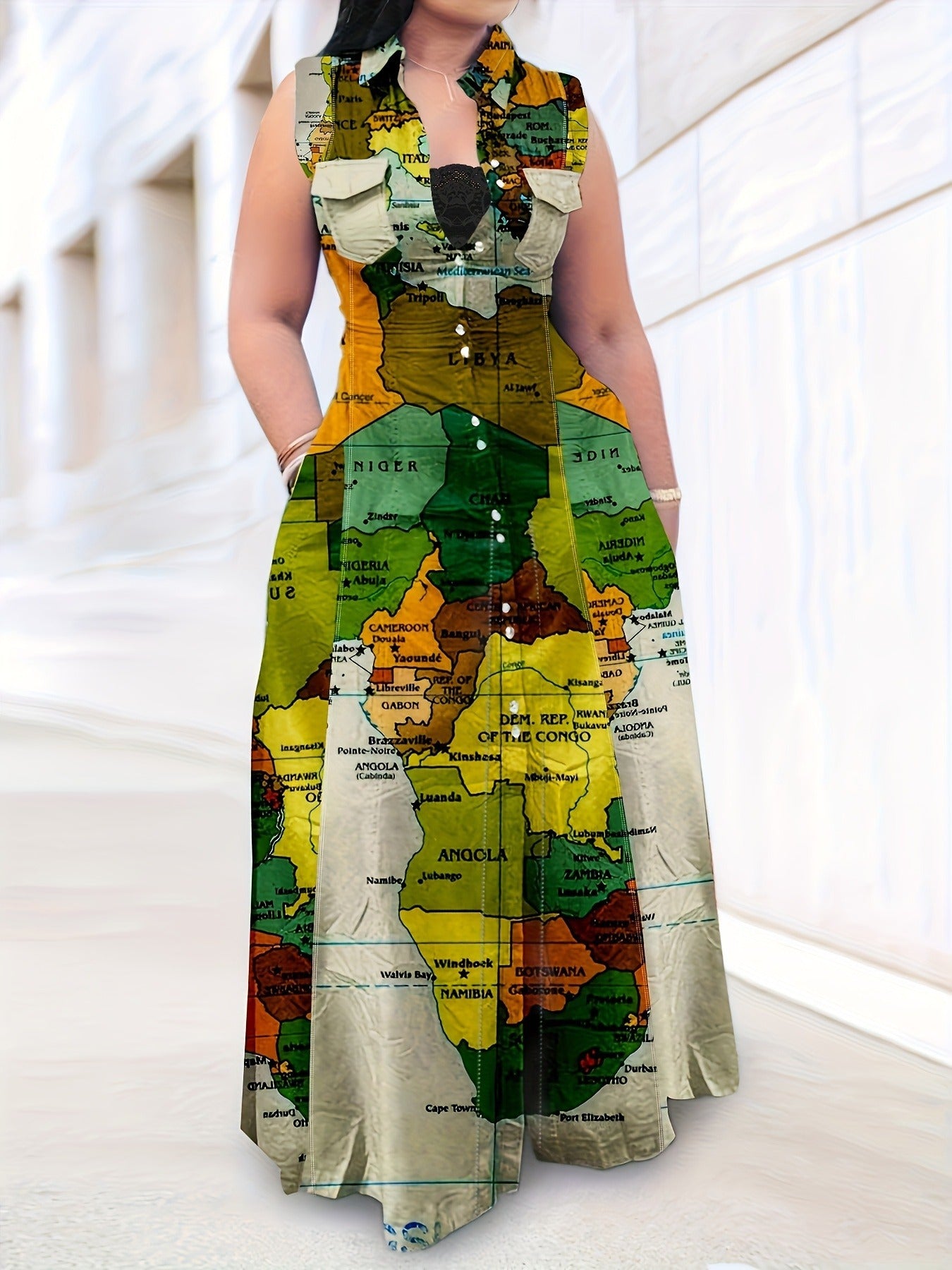 Plus Size Women's Casual Map Print Sleeveless Turndown Collar Long Shirt Dress 3