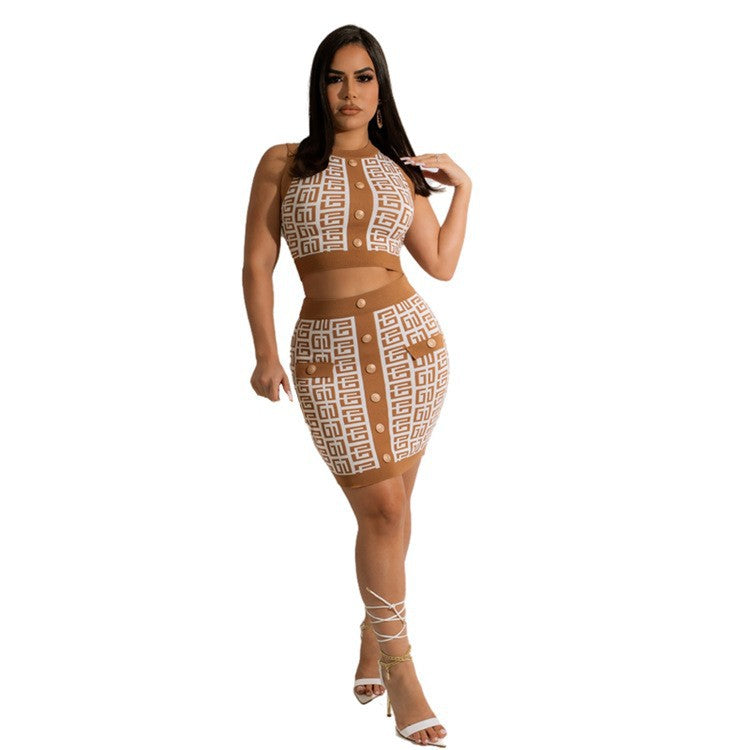 Women Round Neck Sleeveless Geometric Pattern Top and Skirt Two-Piece Set 20