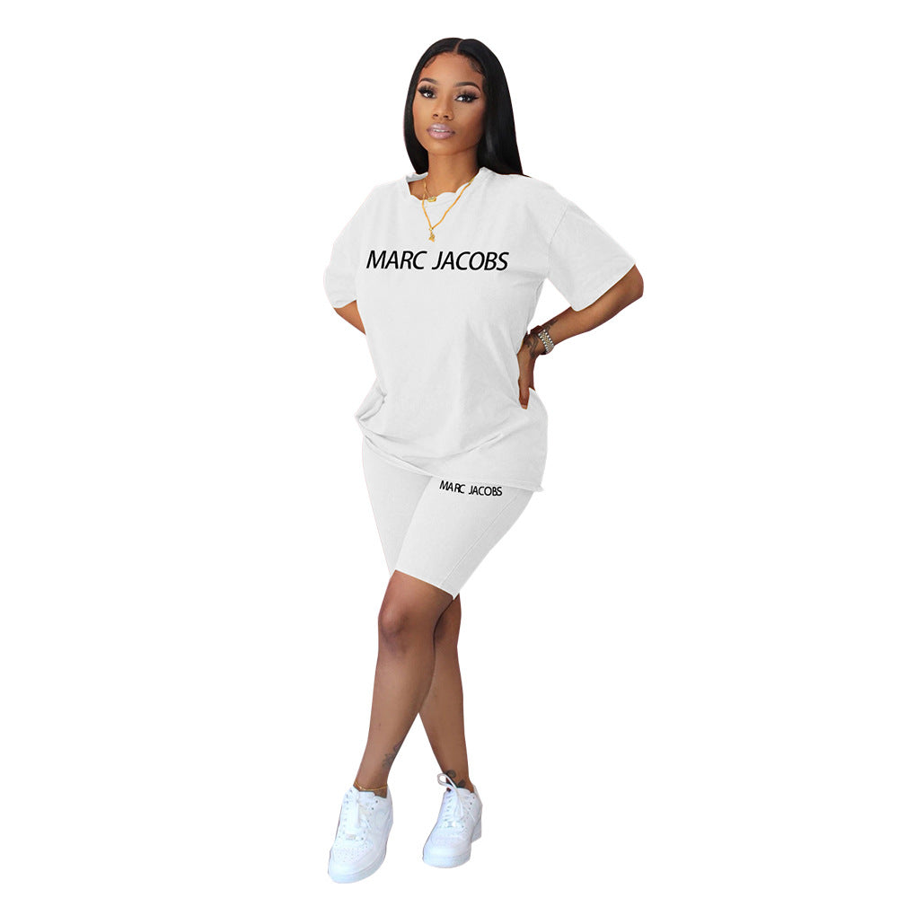 Women Casual Letter Print Short Sleeve Top and Short Two-Piece Set 19