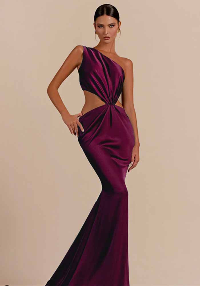 Sexy One Shoulder Hollow-Out Satin Maxi Dress Chic Gown