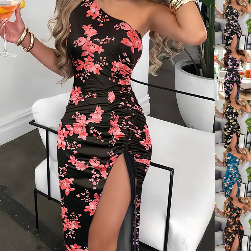 Summer Slash Shoulder Print High Slit Long Dress 8