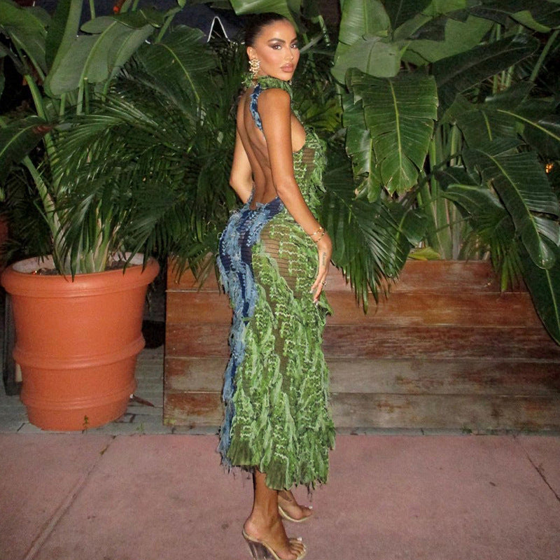 Autumn Women's Sexy High Neck Sleeveless Tassel See-Through High Waist Slim Long Dress 4