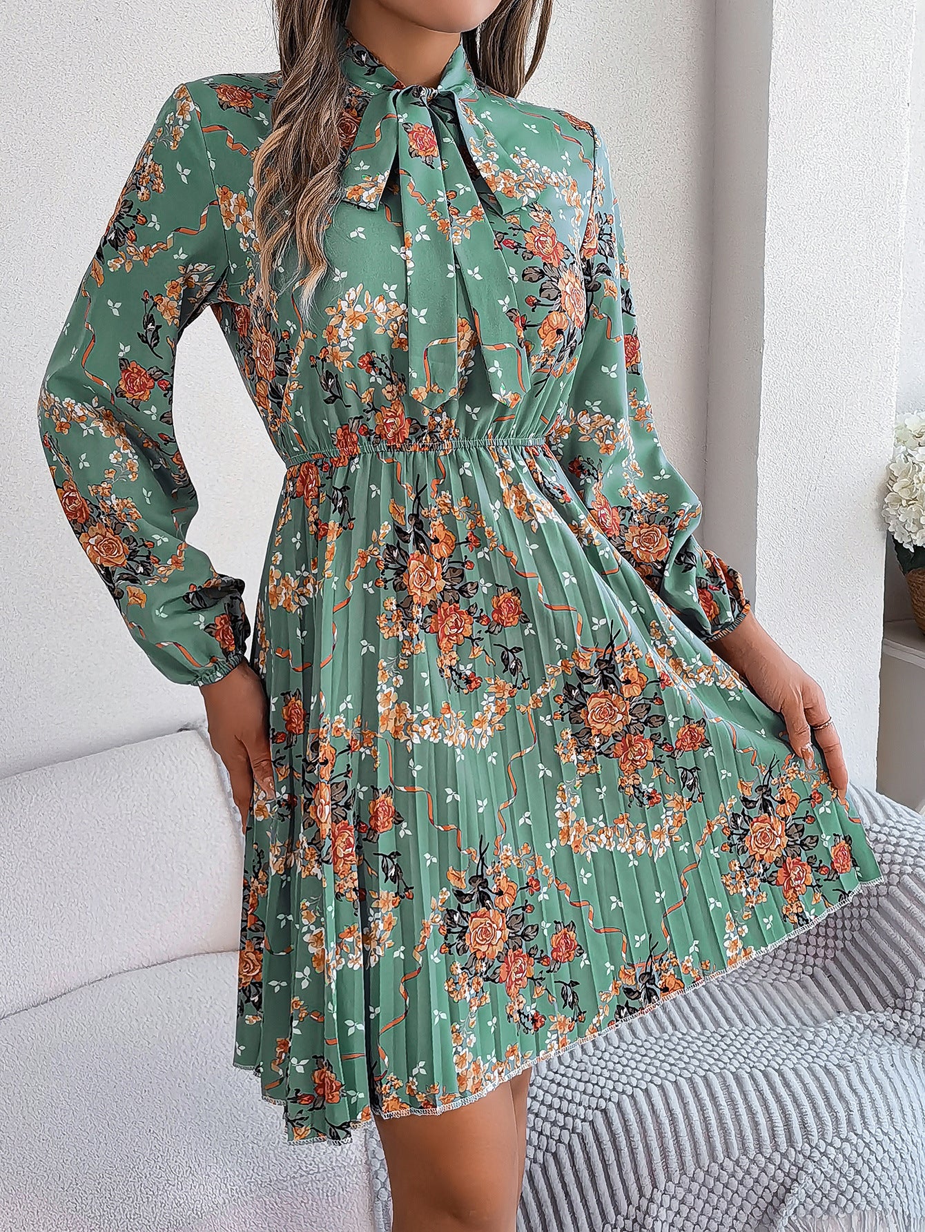 Autumn Winter Elegant Flower Tie Slim Waist Long Sleeve Women's Pleated Dress 10