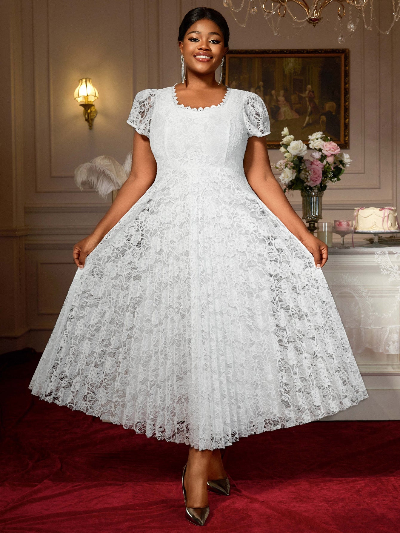 Plus Size Lace Trim Elegant Square-Neck Flared Party Dress 11