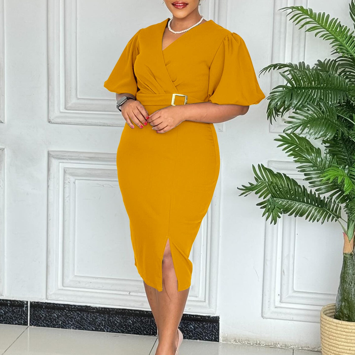 Women V Neck Puff Sleeve Solid Slit Bodycon African Dress 10