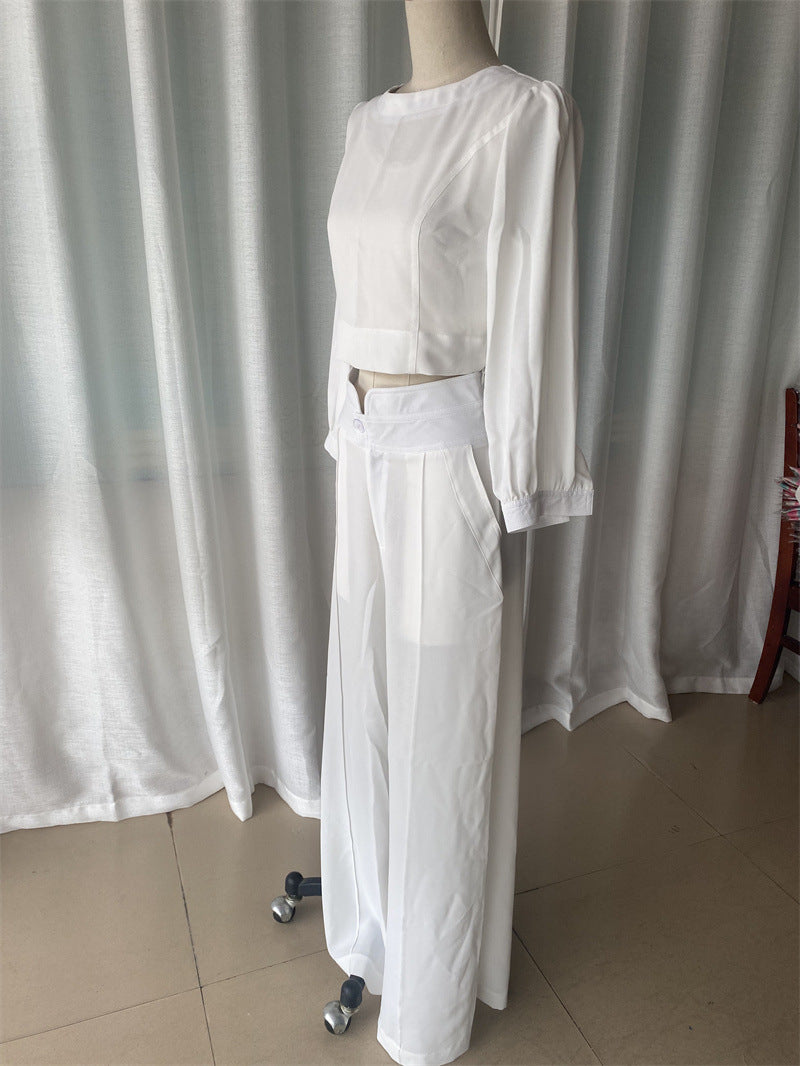 Women autumn long-sleeved Top and high-waisted wide-leg pants two-piece set 11