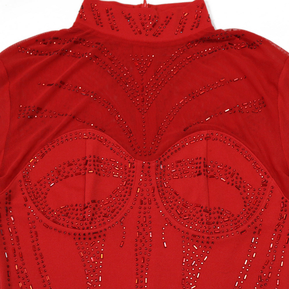 Sexy Solid Color Long Sleeve Beaded Bodycon Dress 8