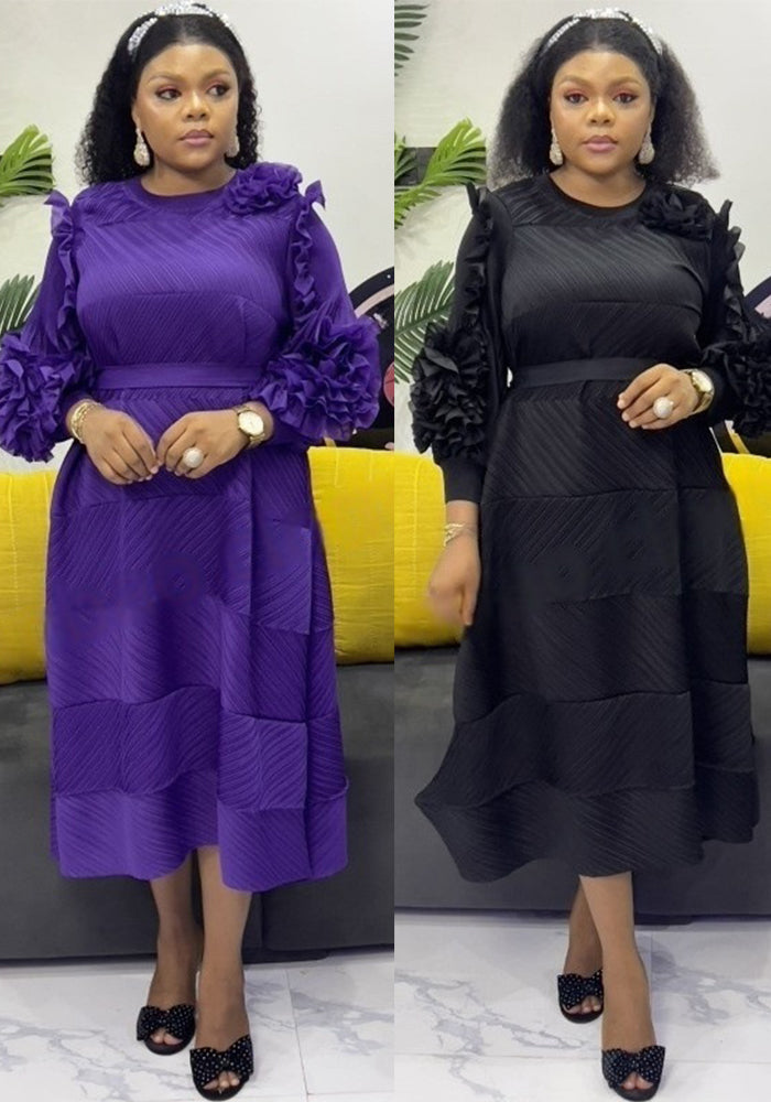 African Plus-Size Elegant Flower Pleated Long Dress