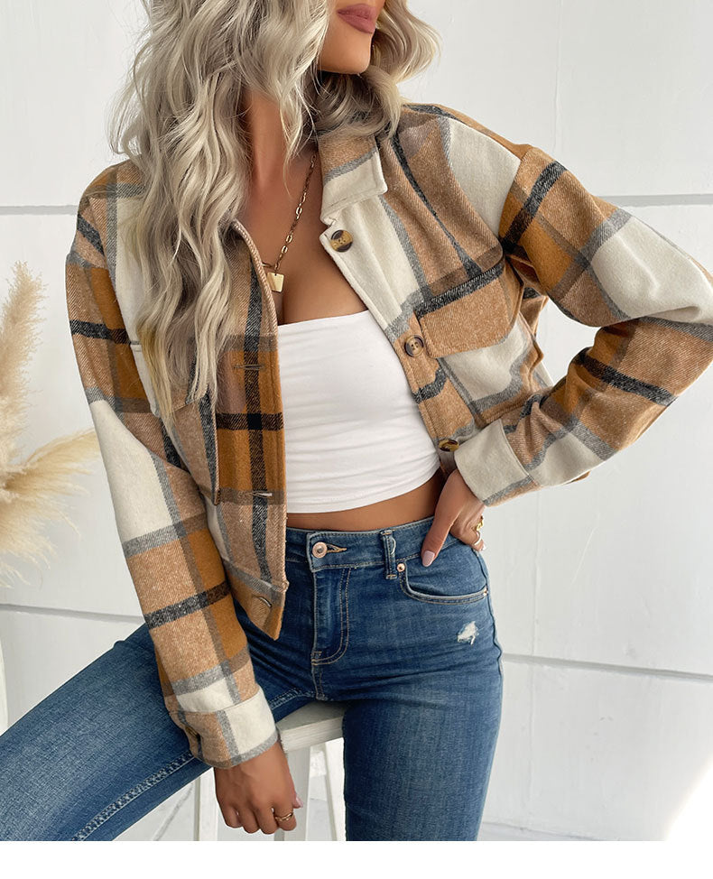 Women Autumn Crop Plaid Cardigan Shirt Vintage Jacket Coat 5