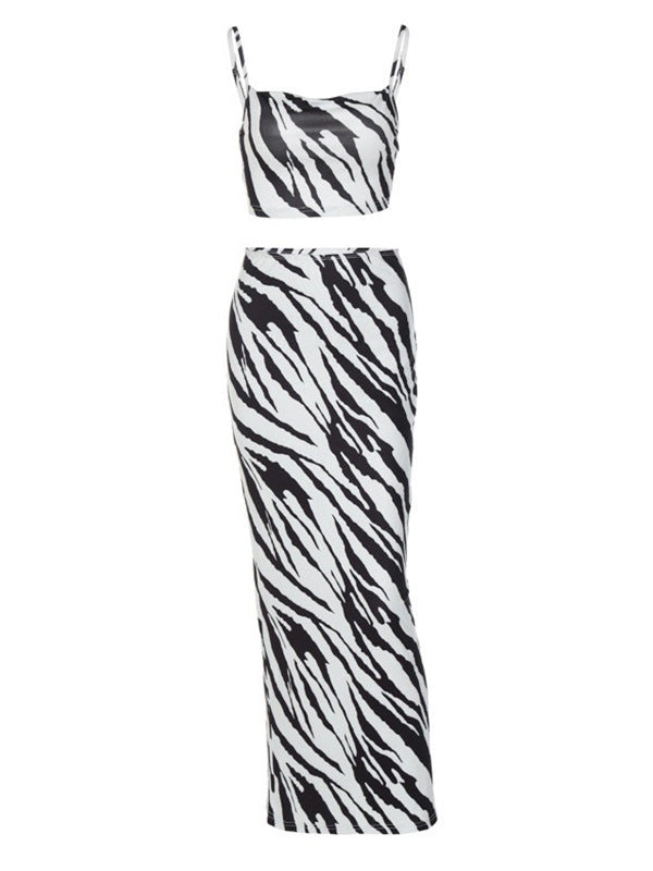Black & White Striped Printed Sexy Fitted Bodycon Skirt Set 7