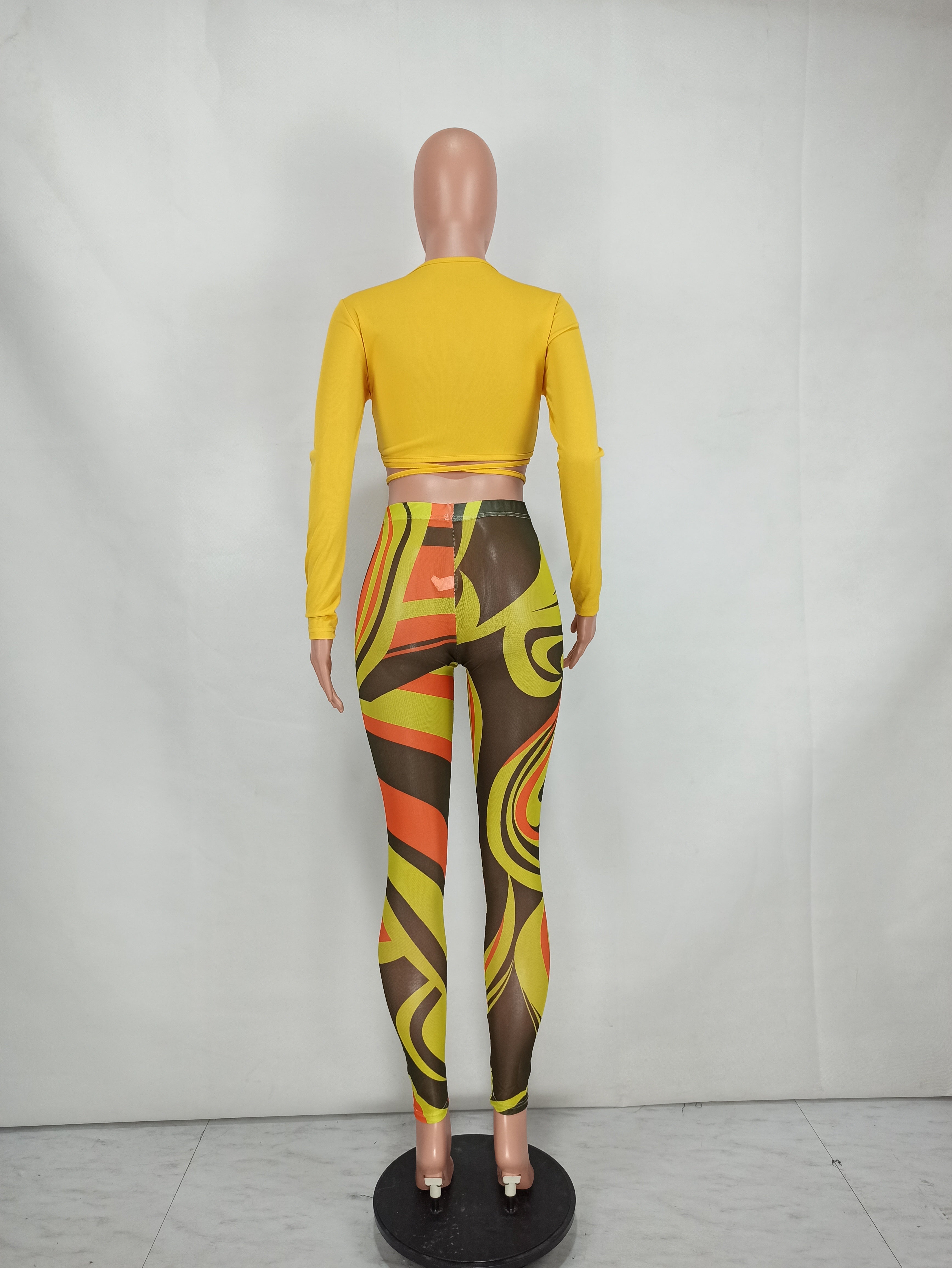 Fall Sexy Yellow Wrap Tied Long Sleeve Crop Top and Printed Tight Pants Set 5
