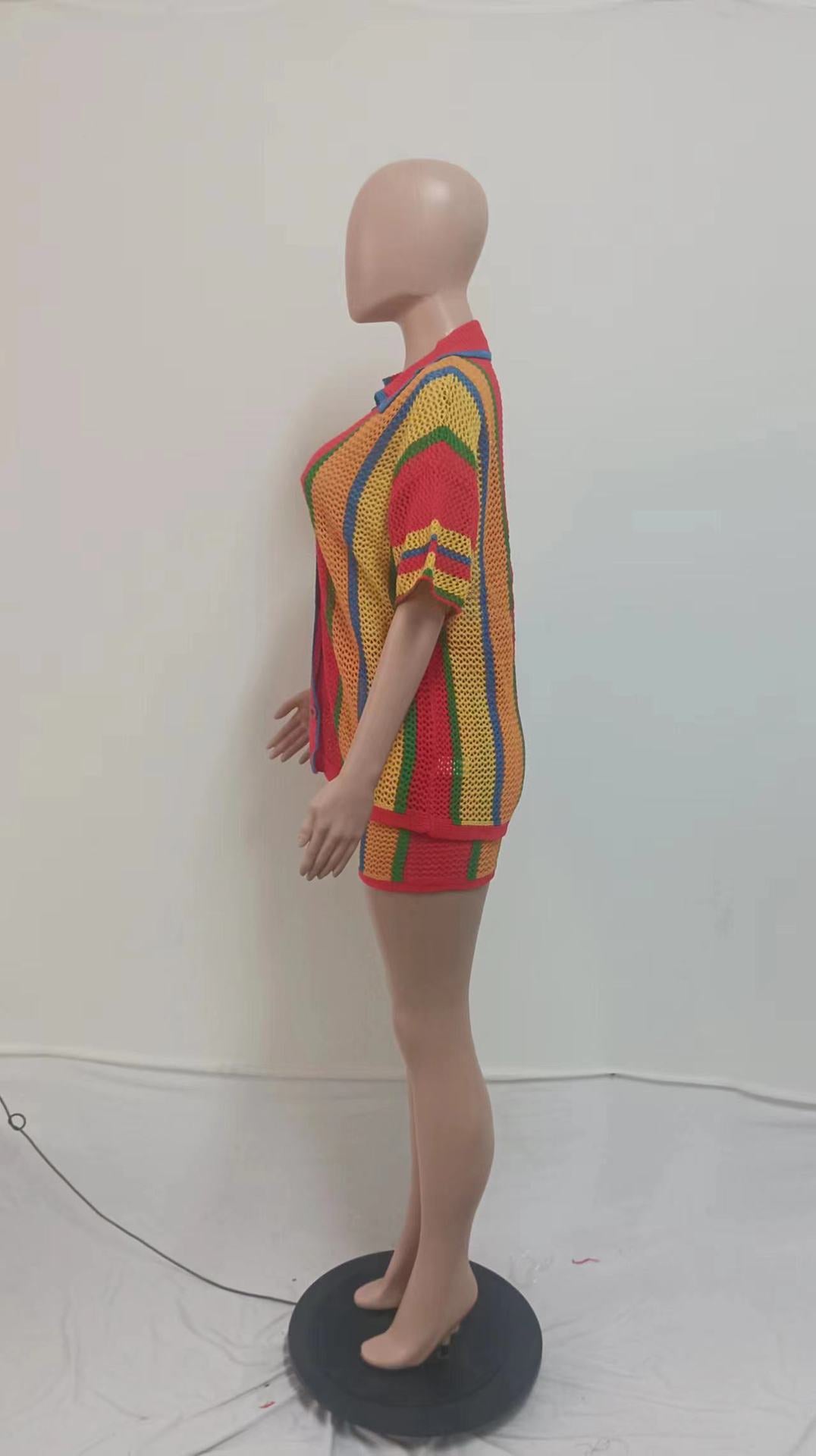 Women's Sexy Hollow See-Through Turndown Collar Knitting Two Piece Shorts Set 24