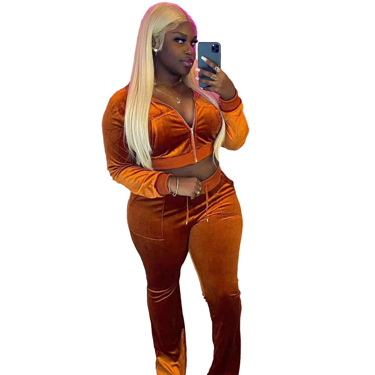 Women's Solid Color Velvet Long Sleeve Sexy Zipper Crop Top Pants Casual Sports Two Piece Set 30
