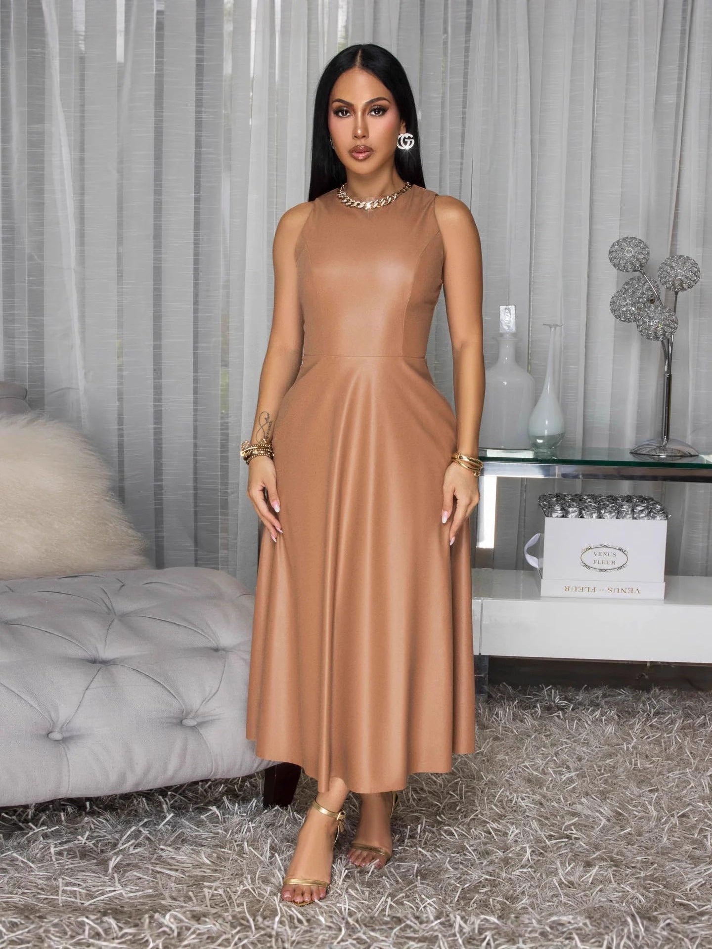 Women's Tight Fitting Ruffle Sexy Fashion Round Neck Bodycon Leather Dress 4