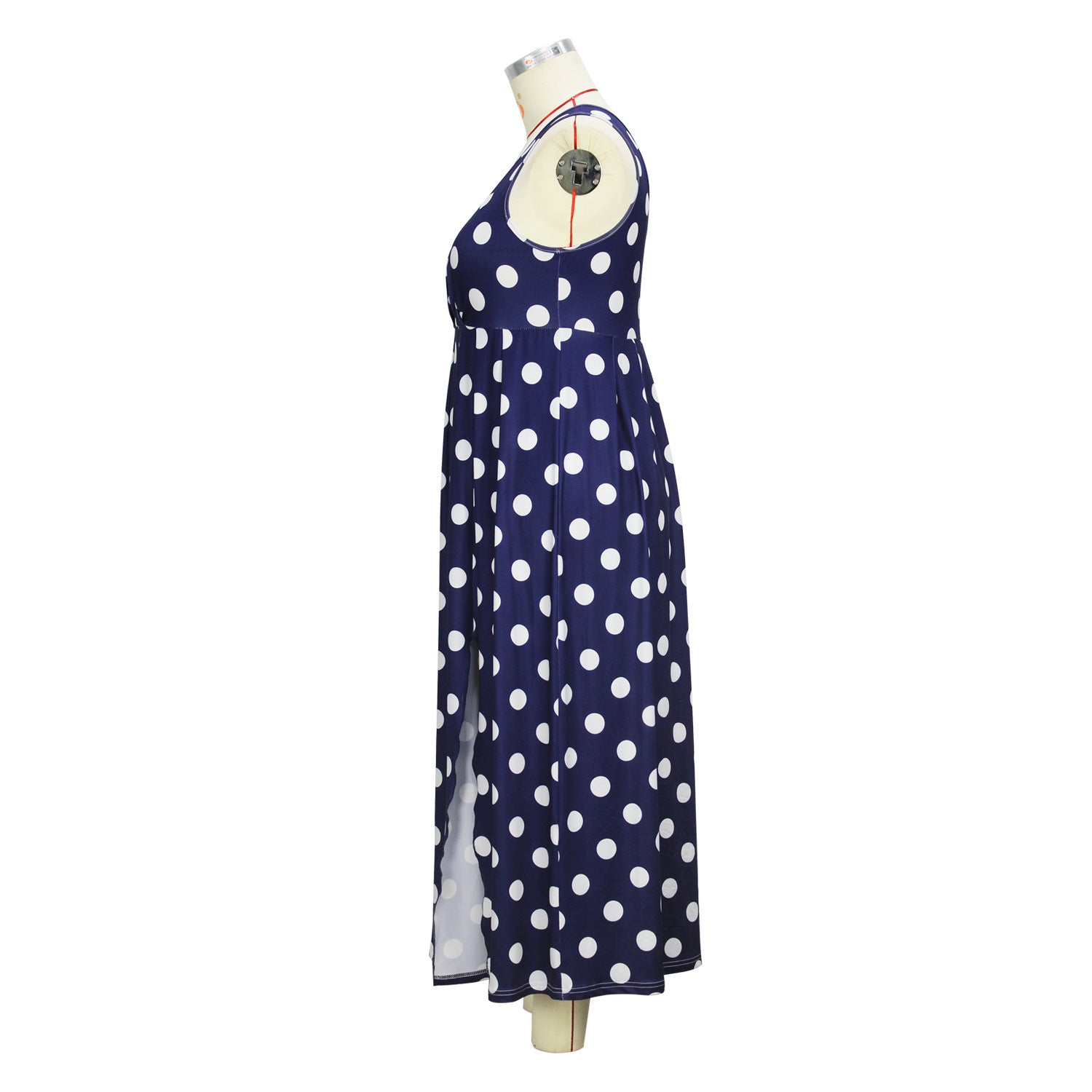 Women's Spring Summer Fashion Blue White Polka Dot V-Neck Slit Plus Size Maxi Dress 6