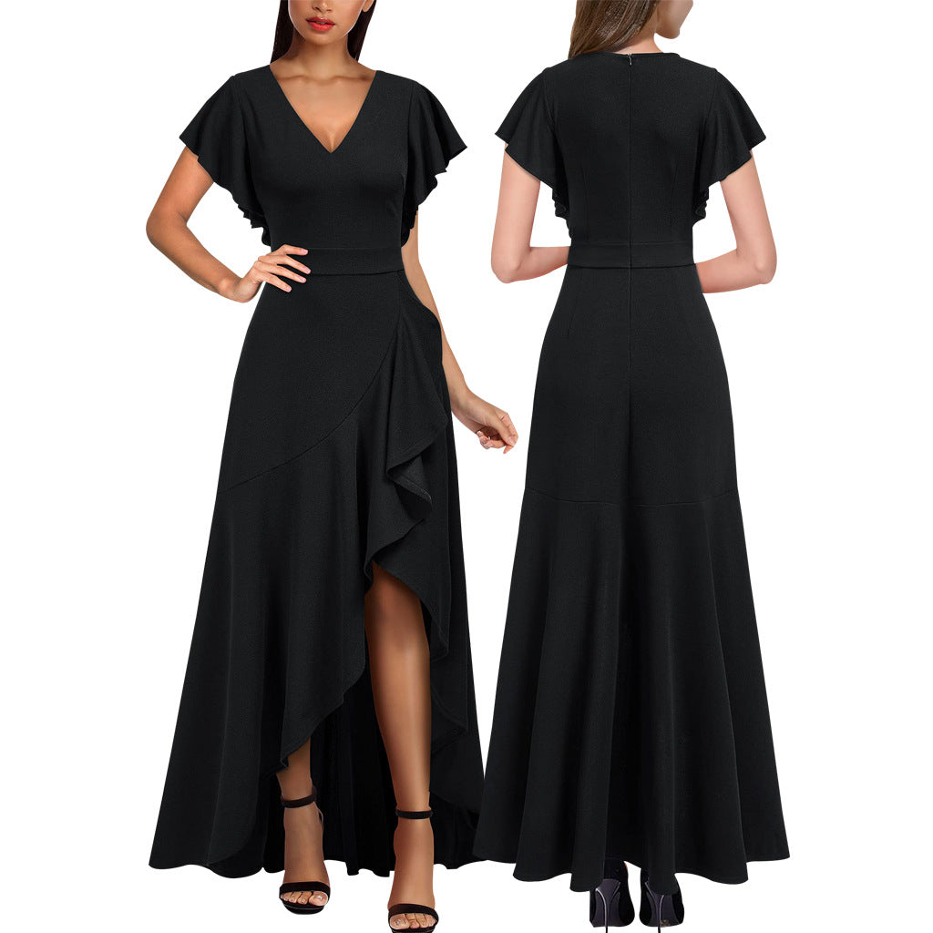 Women Sexy V Neck Irregular Ruffle Leaf Dress