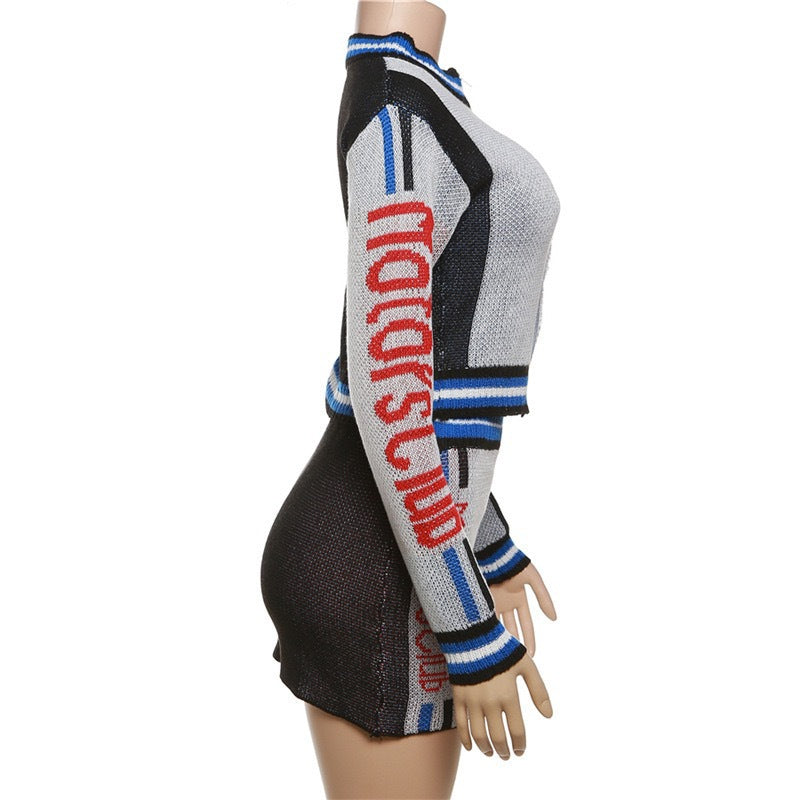 Autumn Letter Knit Zipper Ribbed Long Sleeve High Waist Two Piece Short Skirt Set 5