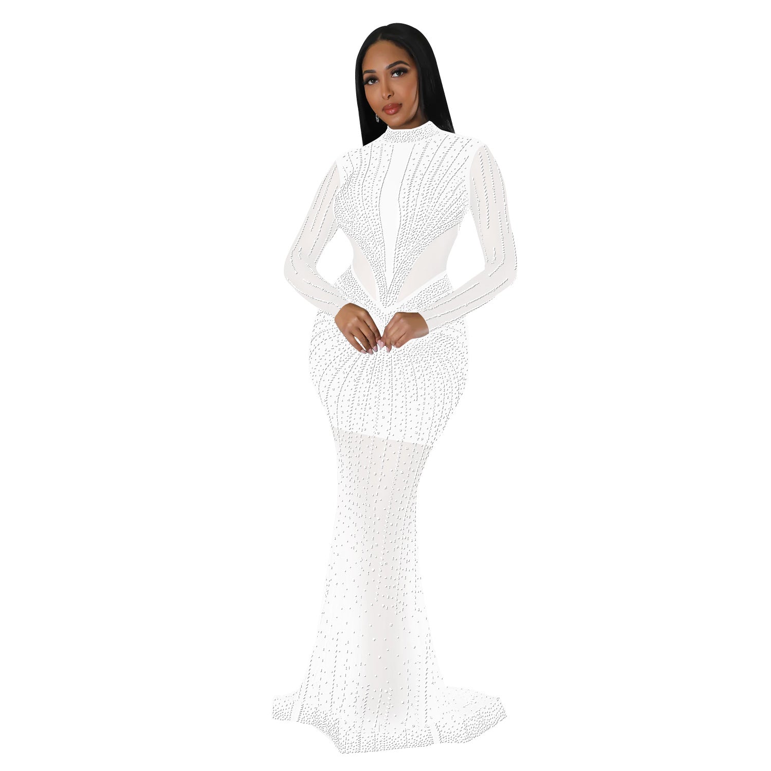 Women's Fashion Solid Color Mesh Beaded Long Sleeve Maxi Dress 15