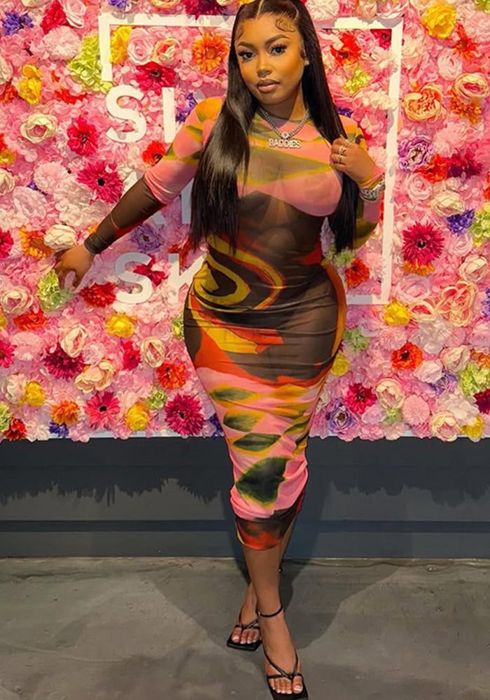 Women Summer Painted Print Long Sleeve See-Through Sexy Bodycon Dress