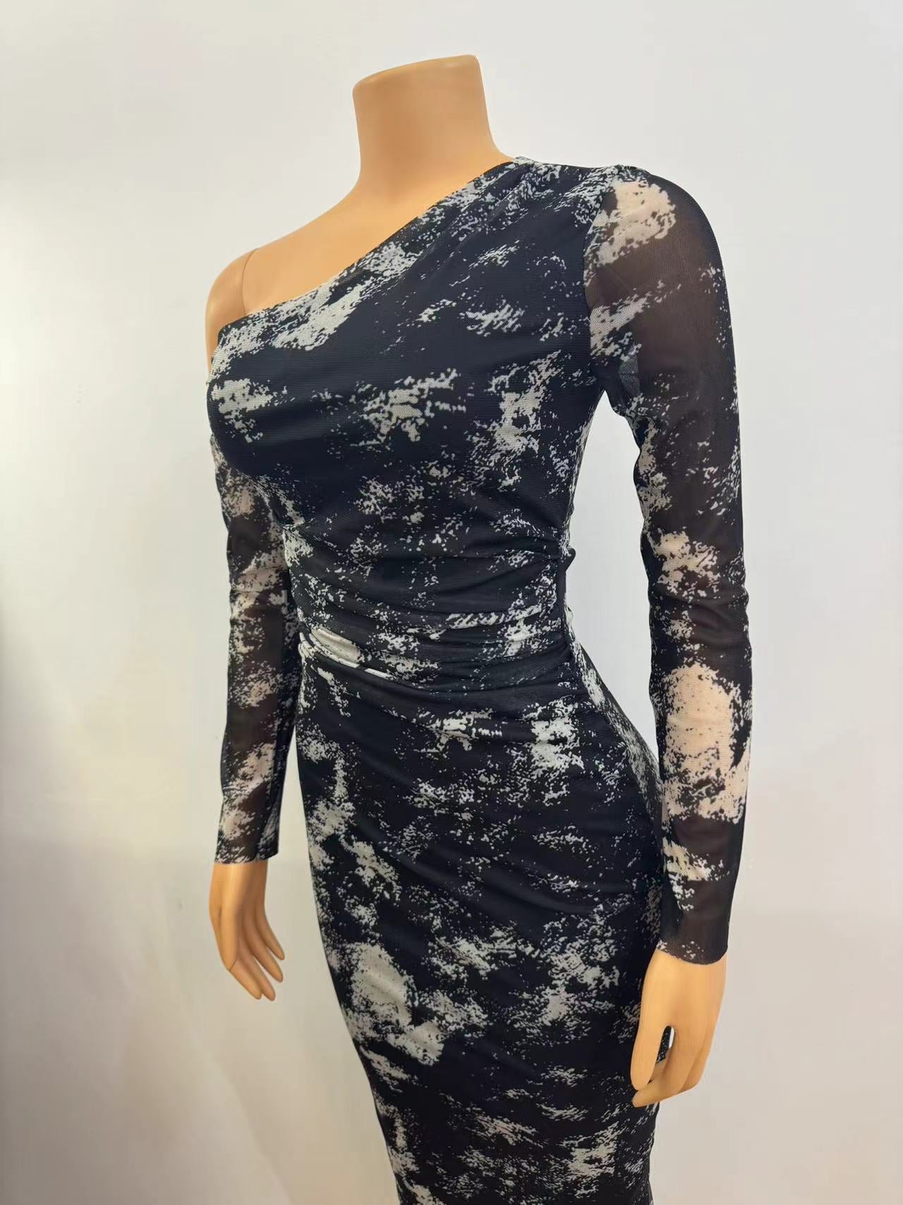 Fall Women Printed Slash Shoulder Bodycon Long Sleeve Dress 7