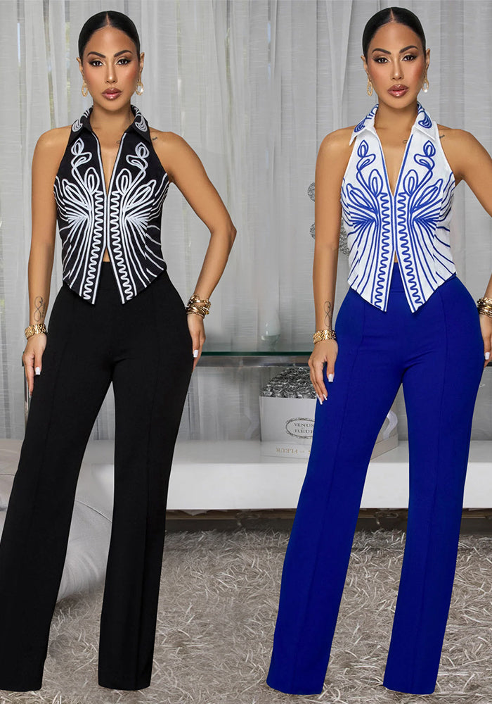 Women Elegant Printed Top and Pants Two-Piece Set