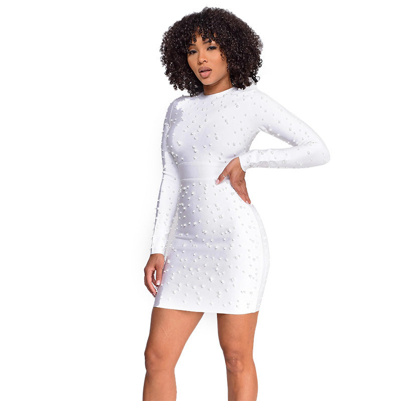 Women's Summer Solid Color Bodycon Long Sleeve Beaded Dress 6