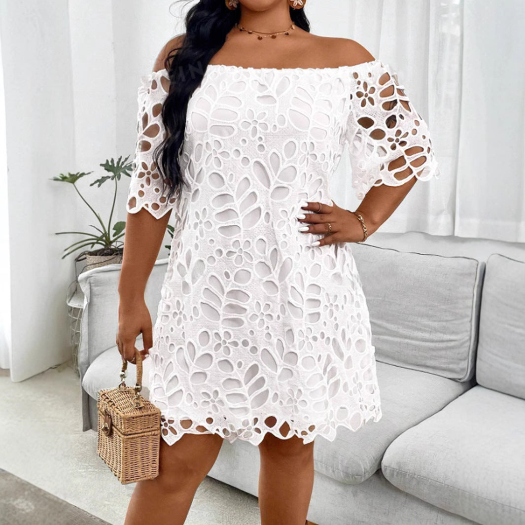 Women elegant Solid hollow laceOff Shoulder off-shoulder half-sleeve dress 5