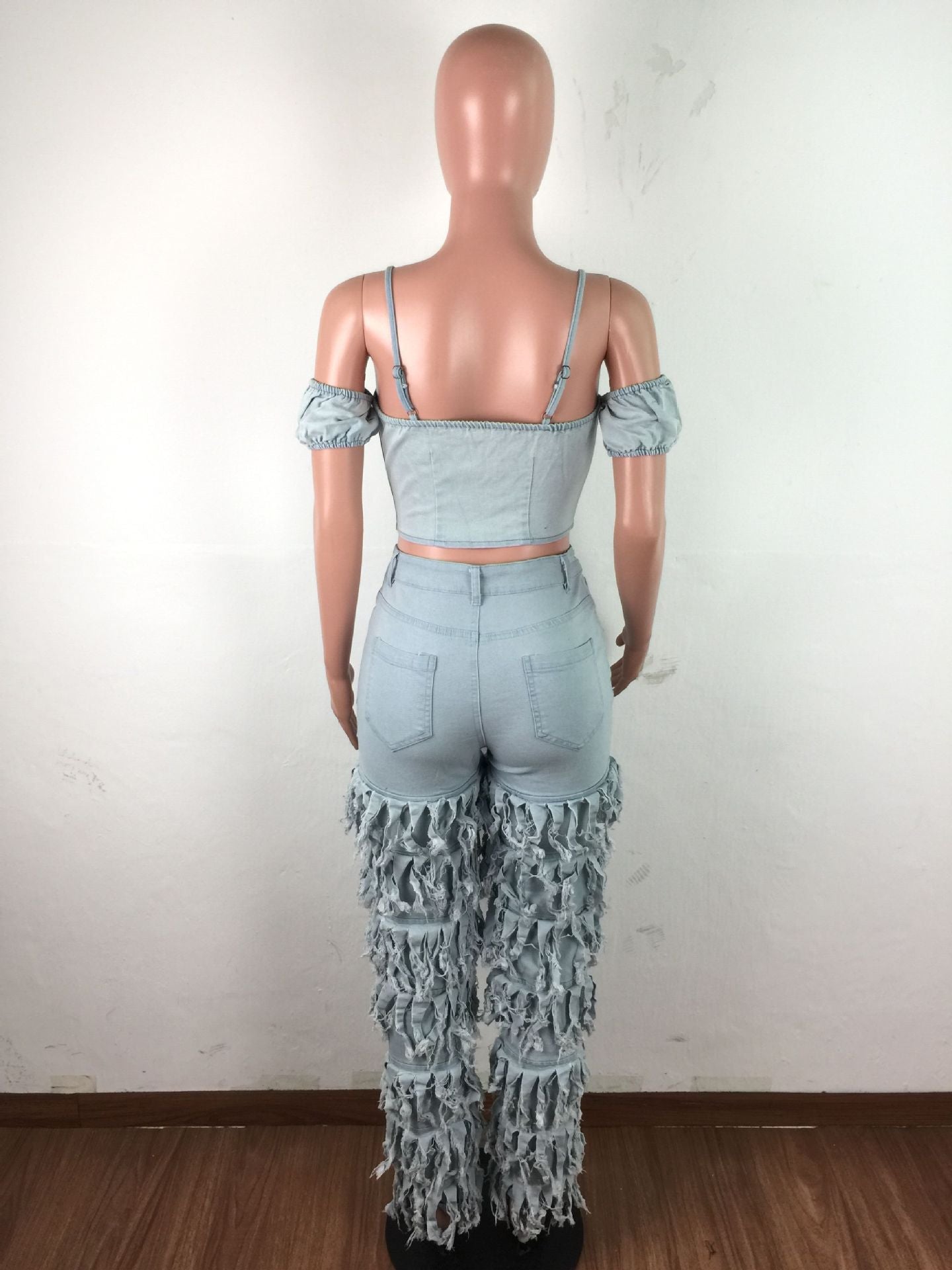 Women's Multi-Layer Frayed Washed Denim Pants 8