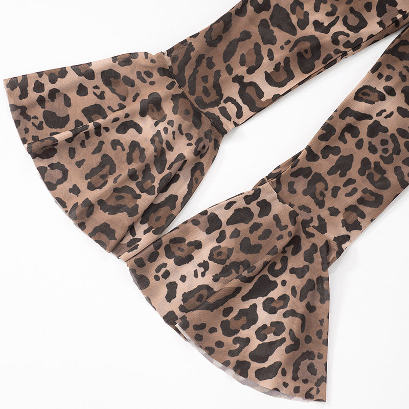 Women's Spring-Summer Leopard Mesh Bell Sleeve See-Through Jumpsuit 14