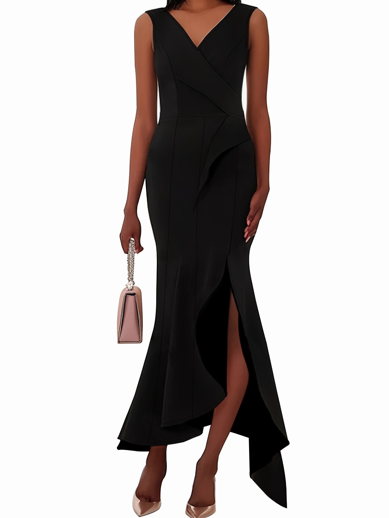 Plus Size Women Elegant V-neck Ruffle Irregular Maxi Dress 3