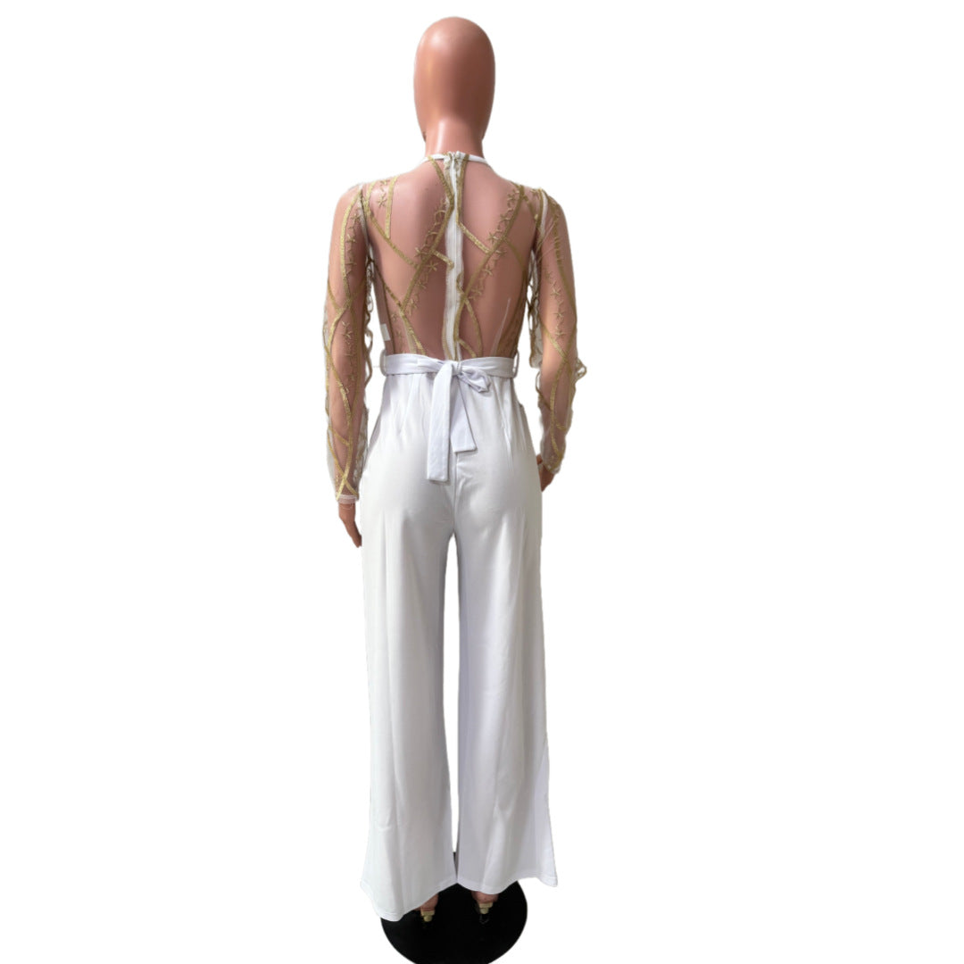 Women's Mesh See-Through Embroidery Patchwork Sexy Jumpsuit (Includes Belt) 21