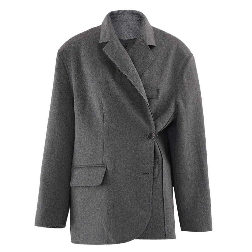 Women Winter Loose Oblique Button Placket Irregular Blazer 3