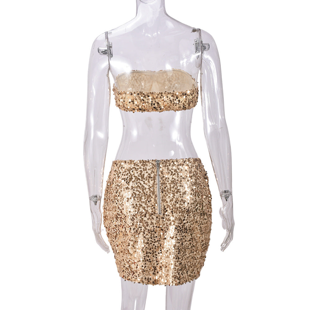 Women Summer Crop Backless Split Sequin Strapless Top and Skirt Two Piece Set 9
