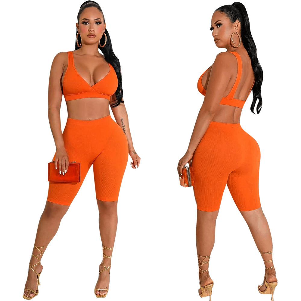 Summer fashionable beach holidays casual ribbed solid color two-piece shorts set 7